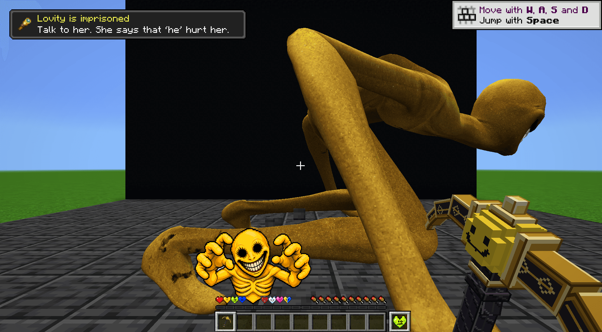 Eight-heart HUD, Verity Monster and the Verity Pickaxe during a story mission.